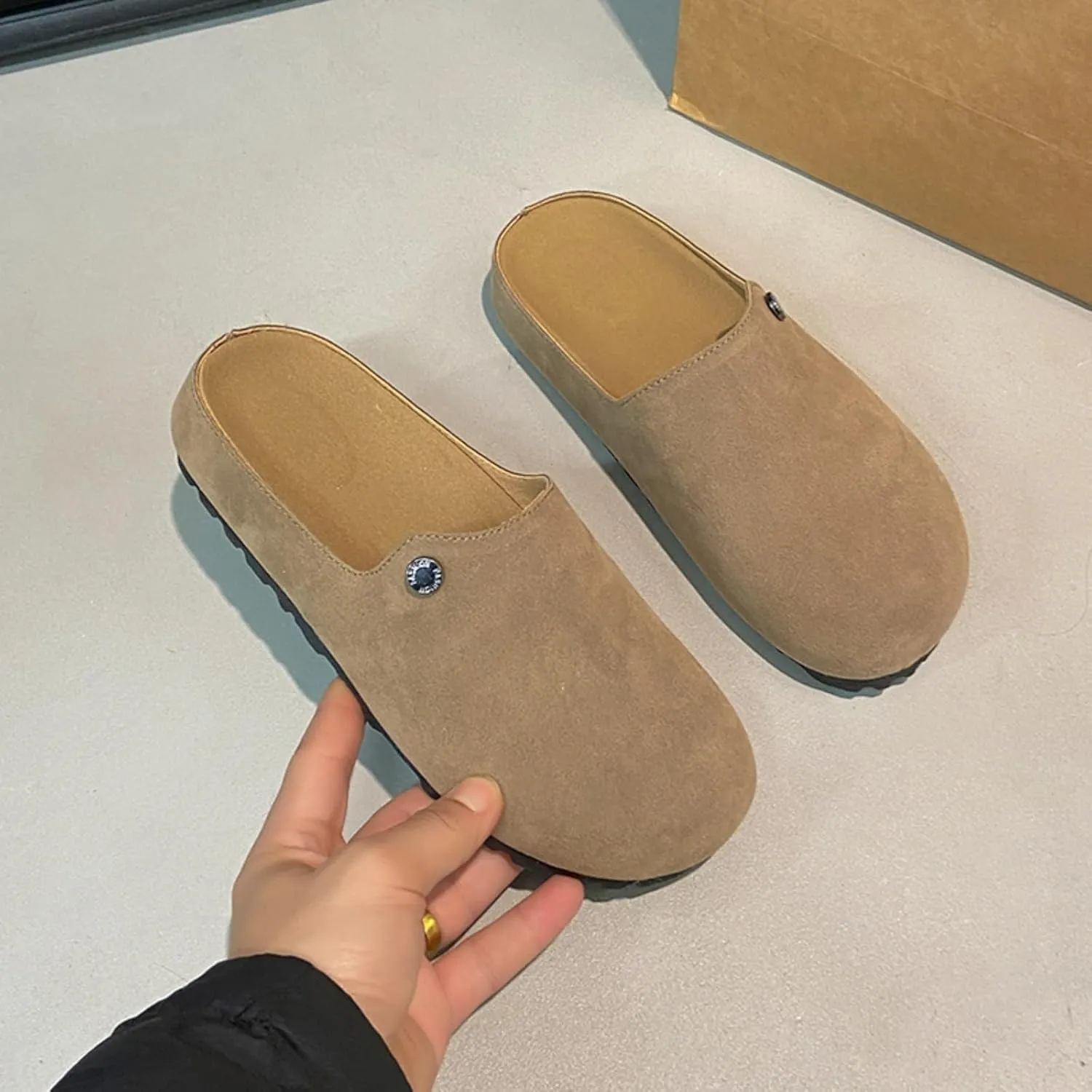Women's Comfortable Suede Clogs Leather Mules Cork Footbed Sandals Potato Shoes with Arch Support
