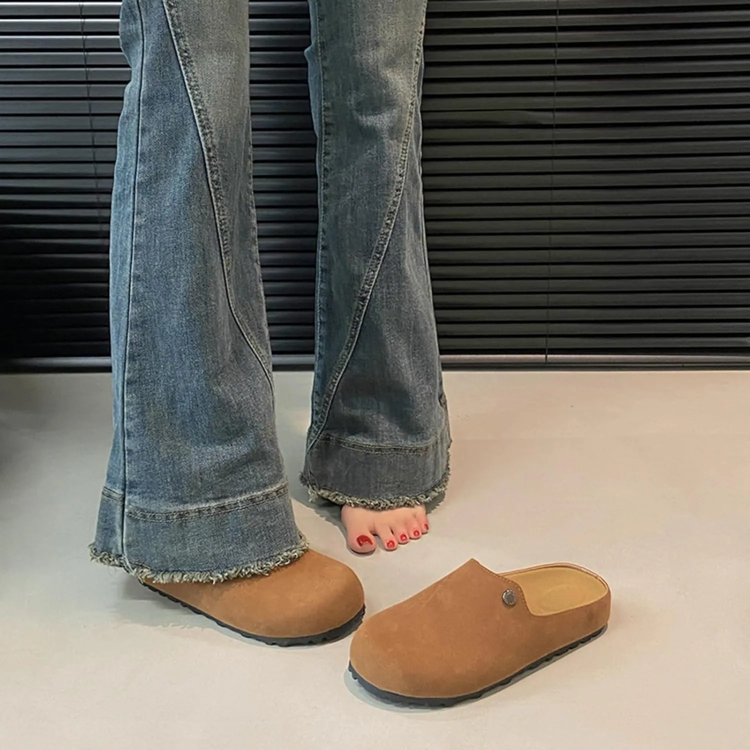 Women's Comfortable Suede Clogs Leather Mules Cork Footbed Sandals Potato Shoes with Arch Support
