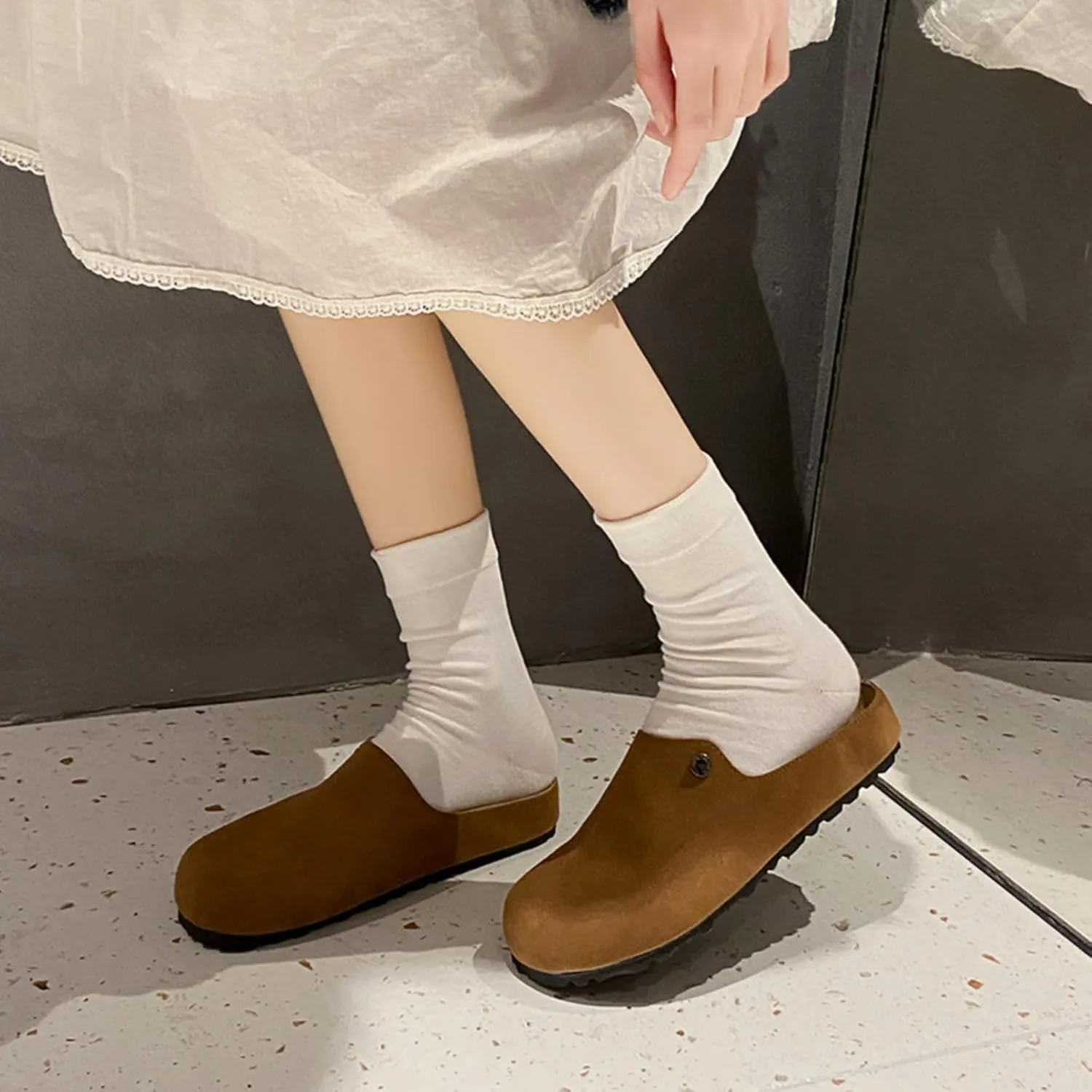 Women's Comfortable Suede Clogs Leather Mules Cork Footbed Sandals Potato Shoes with Arch Support