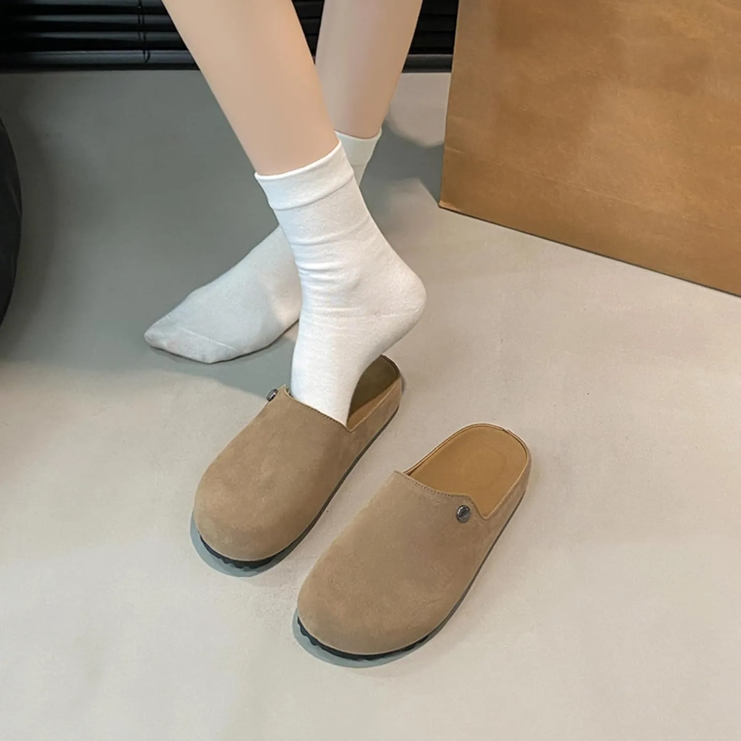 Women's Comfortable Suede Clogs Leather Mules Cork Footbed Sandals Potato Shoes with Arch Support