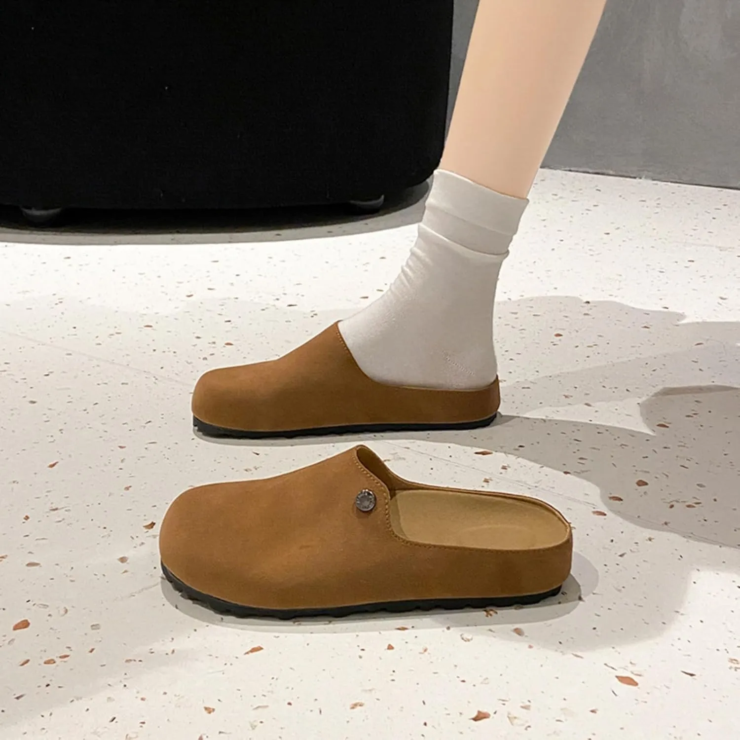 Women's Comfortable Suede Clogs Leather Mules Cork Footbed Sandals Potato Shoes with Arch Support
