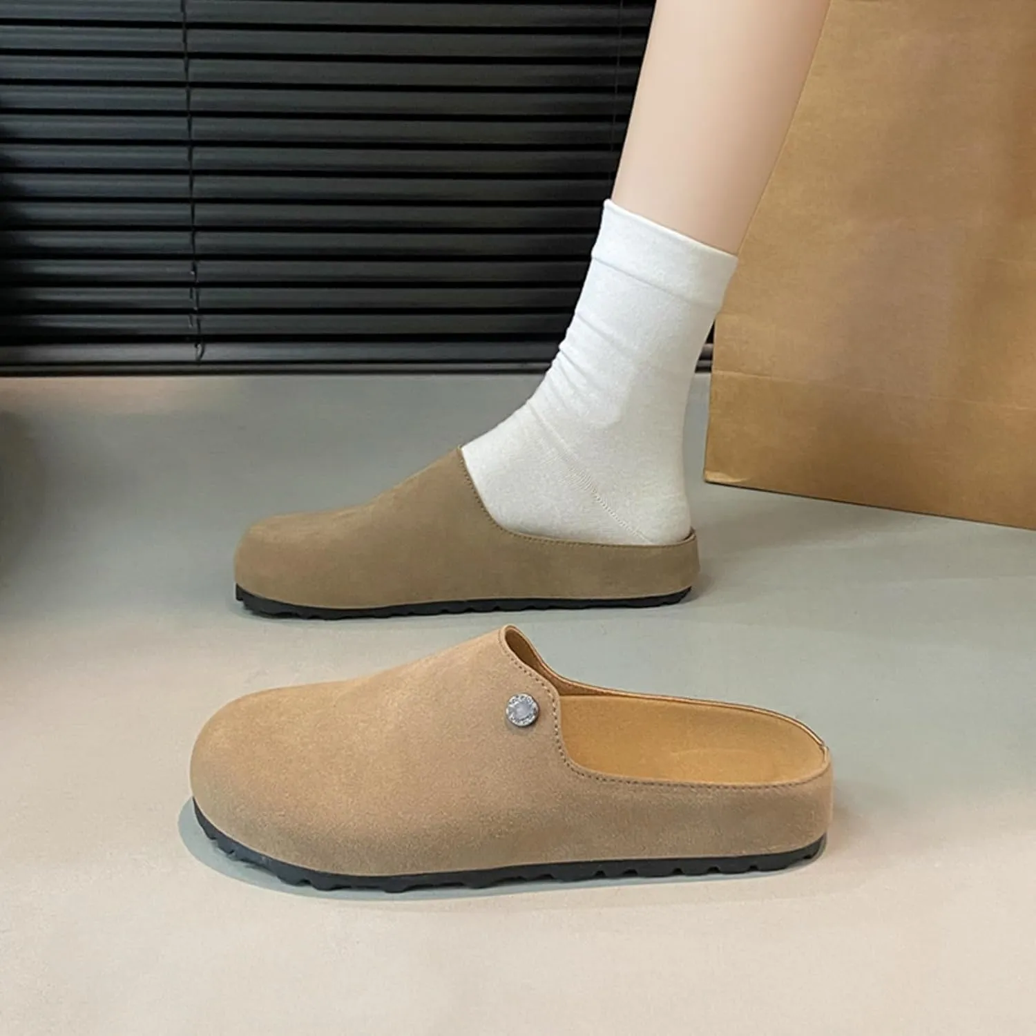 Women's Comfortable Suede Clogs Leather Mules Cork Footbed Sandals Potato Shoes with Arch Support