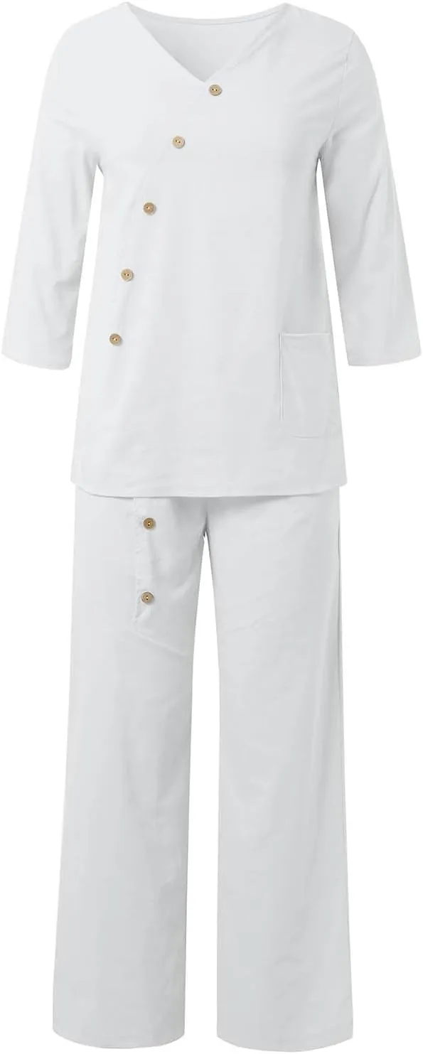 Womens Cotton Linen Lounge Sets 2025 Dressy Matching Summer 2 Piece Loungewear Set Wide Leg Pants Tracksuits