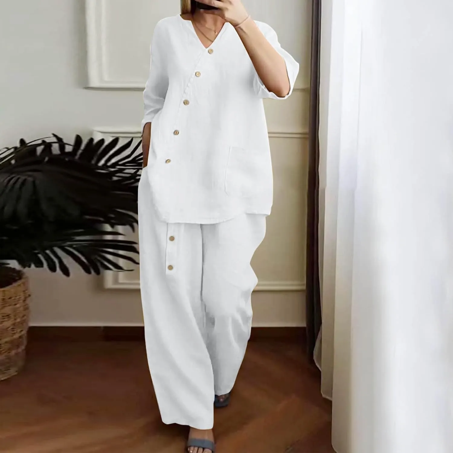 Womens Cotton Linen Lounge Sets 2025 Dressy Matching Summer 2 Piece Loungewear Set Wide Leg Pants Tracksuits