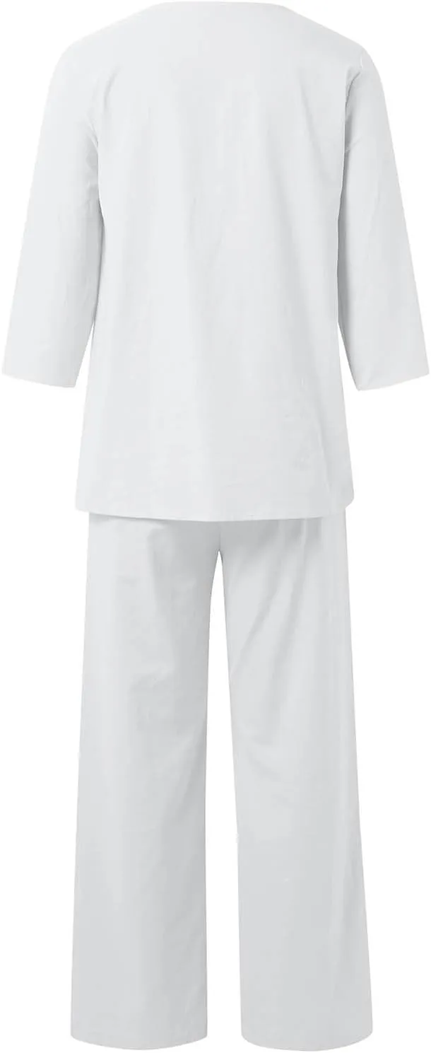 Womens Cotton Linen Lounge Sets 2025 Dressy Matching Summer 2 Piece Loungewear Set Wide Leg Pants Tracksuits