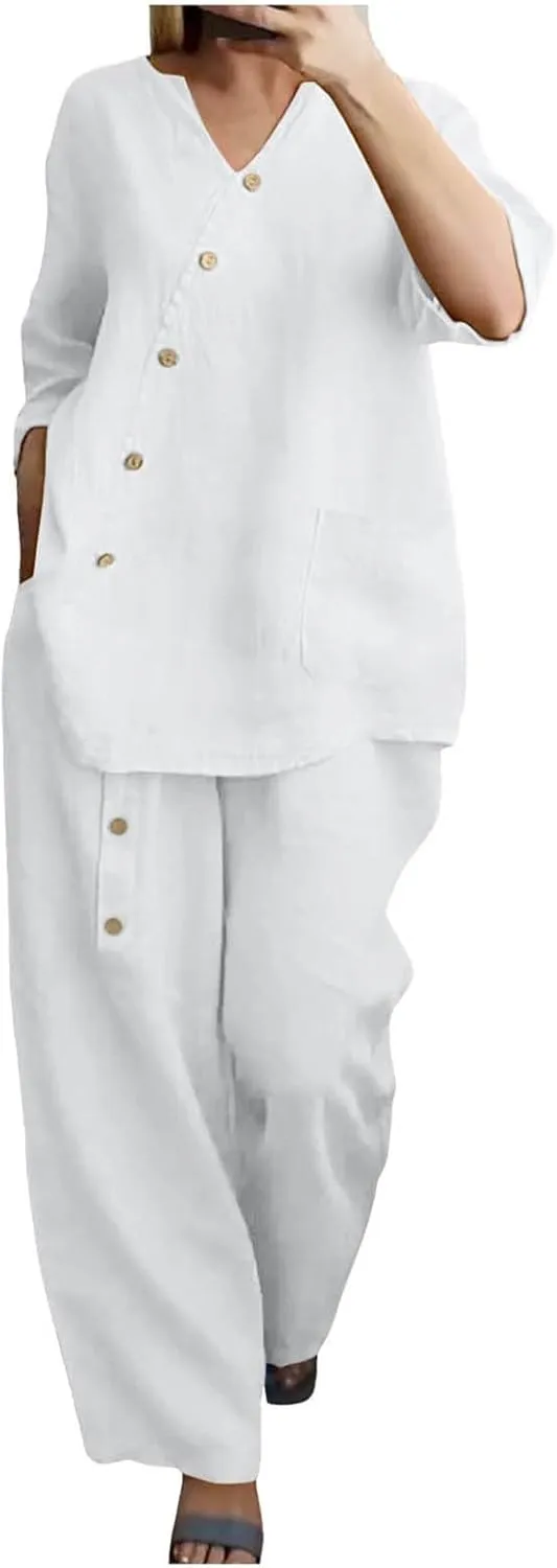 Womens Cotton Linen Lounge Sets 2025 Dressy Matching Summer 2 Piece Loungewear Set Wide Leg Pants Tracksuits