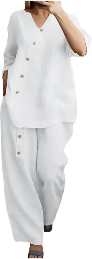 Womens Cotton Linen Lounge Sets 2025 Dressy Matching Summer 2 Piece Loungewear Set Wide Leg Pants Tracksuits