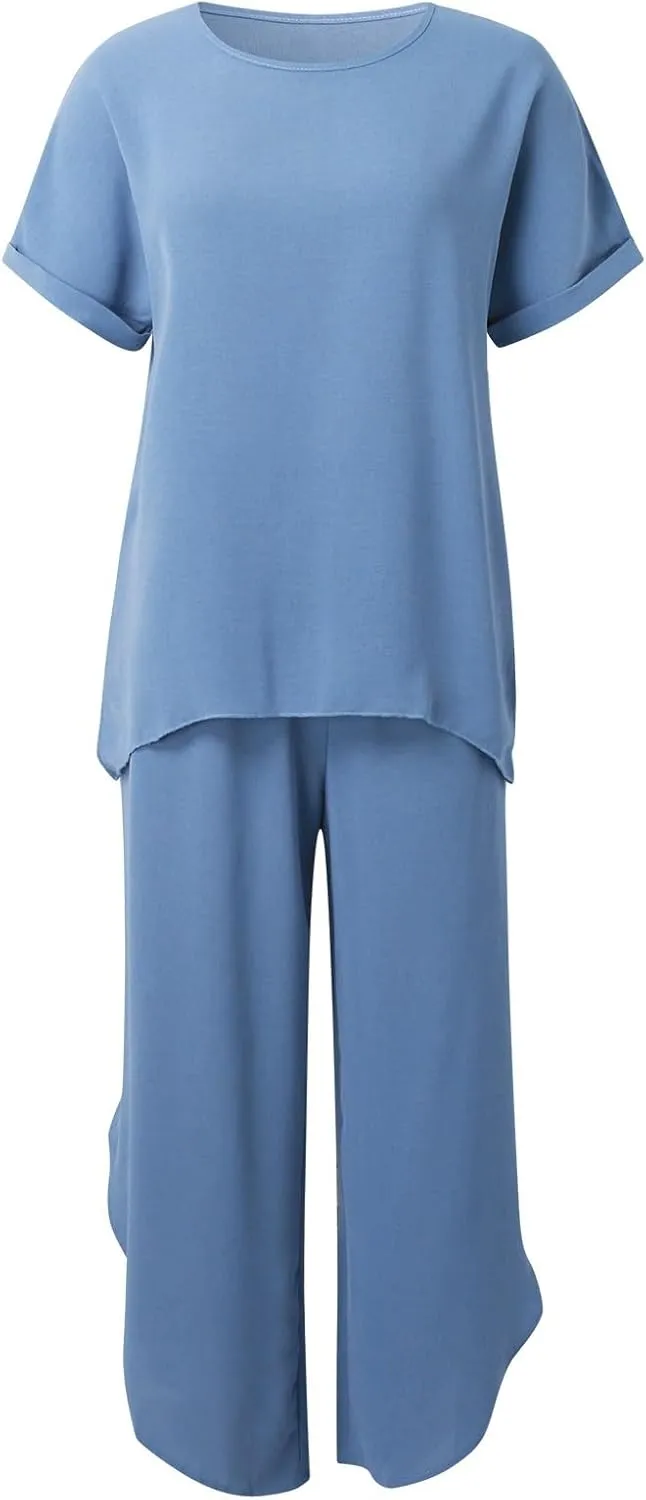 Womens Cotton Linen Lounge Sets 2025 Summer Casual Loose Top Wide Leg Pants Matching Tracksuit Sweatsuit Sets