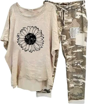 Womens Cotton Linen Lounge Sets Casual Tracksuit Short Sleeve Tops and Wide Leg Long Pants Matching Lounge Wear