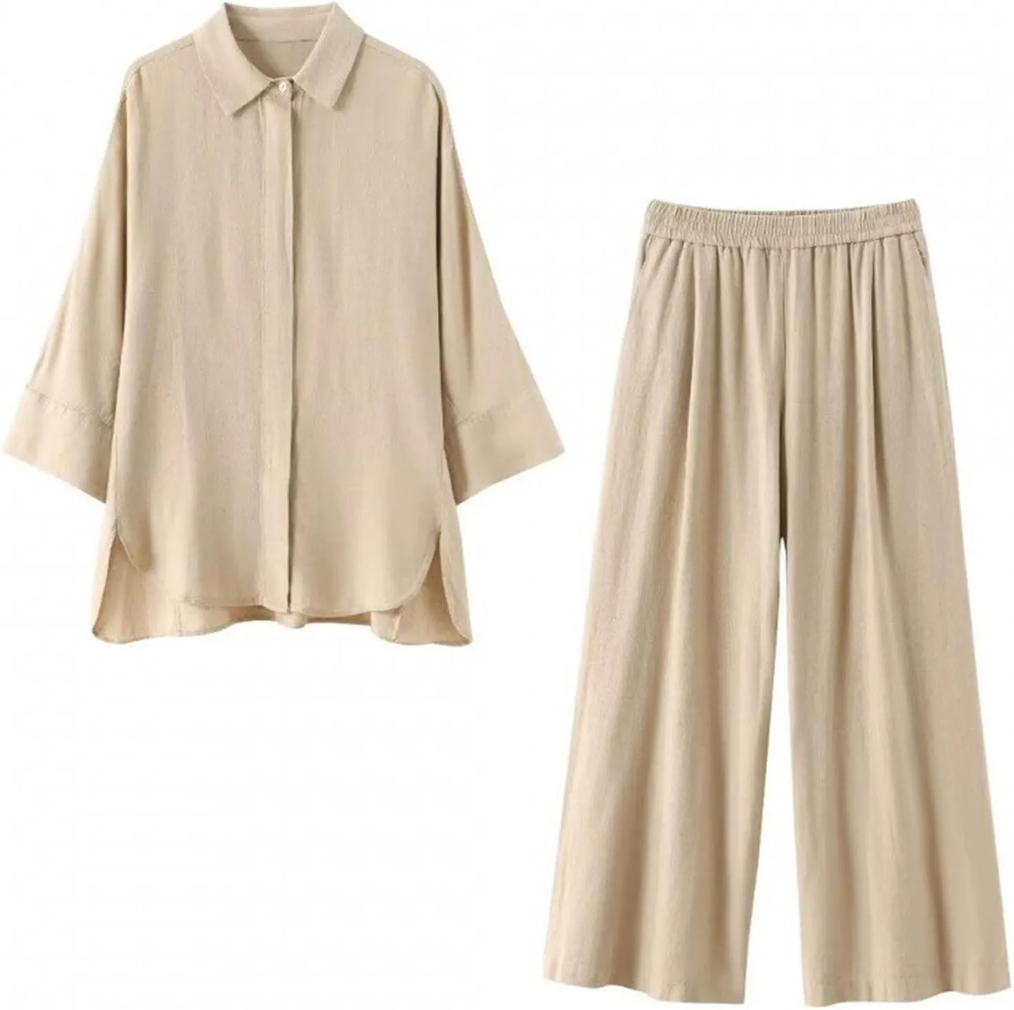 Womens Cotton Linen Lounge Sets Cotton Linen 2 Piece Sets Comfy Loungewear Wide Leg Long Pants with Pockets