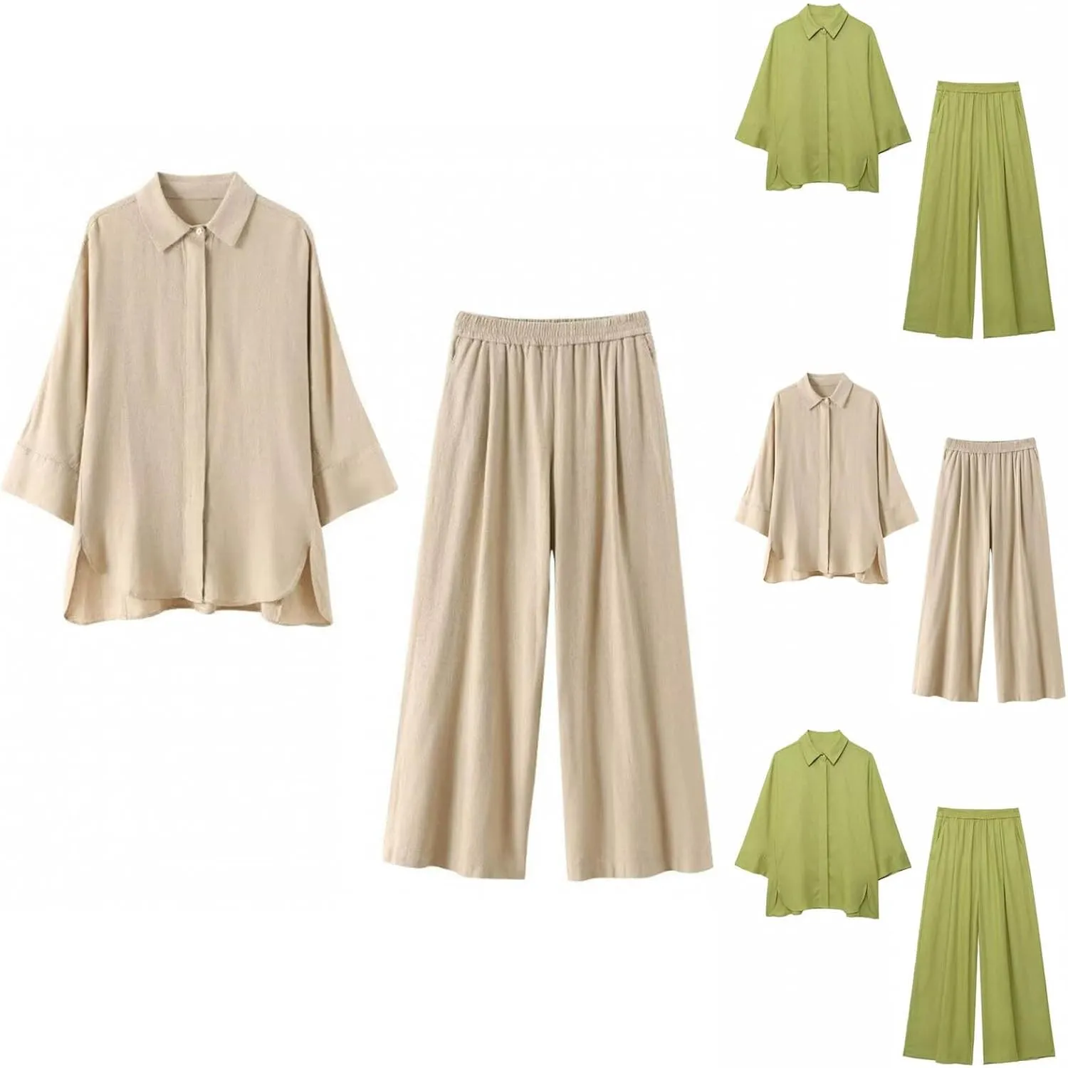 Womens Cotton Linen Lounge Sets Cotton Linen 2 Piece Sets Comfy Loungewear Wide Leg Long Pants with Pockets