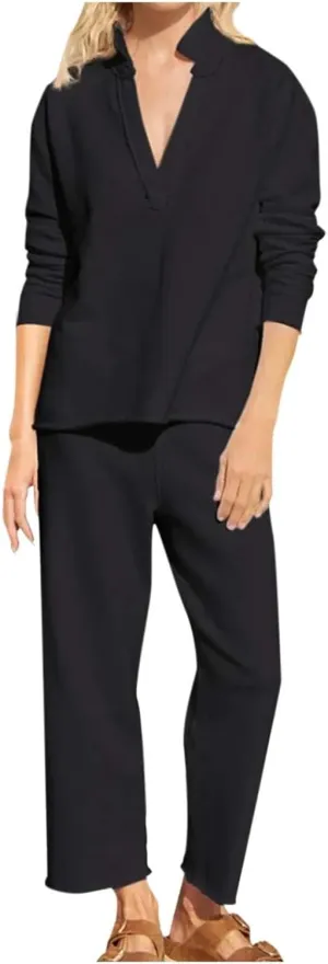 Womens Cotton Linen Lounge Sets Linen Short Sleeve Top and Wide Leg Pants Lounge Matching Tracksuits Trendy Clothes