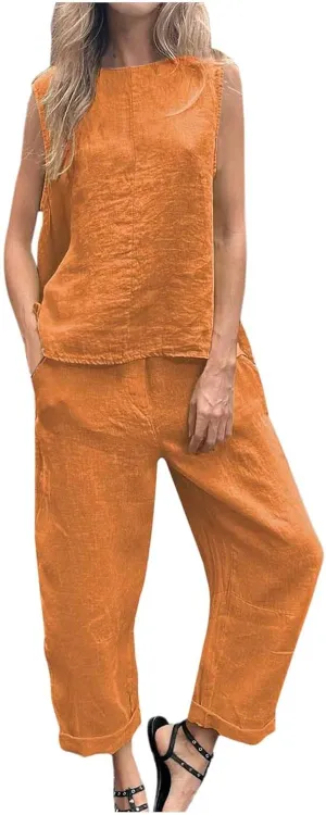 Womens Cotton Linen Lounge Sets Straight Wide Leg Pants Set Short Sleeve T-Shirt Casual Outfits Comfy Loungewear