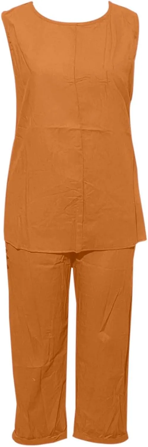 Womens Cotton Linen Lounge Sets Straight Wide Leg Pants Set Short Sleeve T-Shirt Casual Outfits Comfy Loungewear