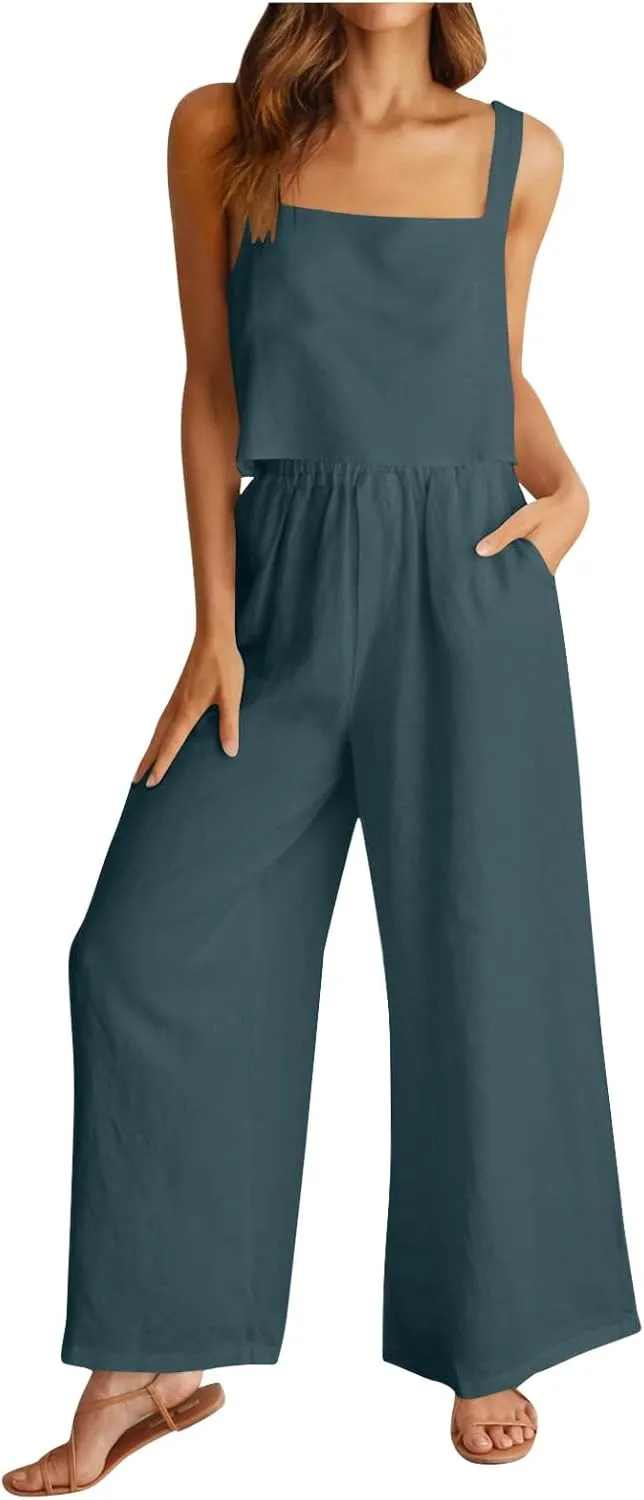 Womens Cotton Linen Lounge Sets Summer Cotton Linen Casual Matching Set Short Sleeve T Shirts and Pants with Pockets