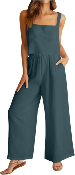 Womens Cotton Linen Lounge Sets Summer Cotton Linen Casual Matching Set Short Sleeve T Shirts and Pants with Pockets
