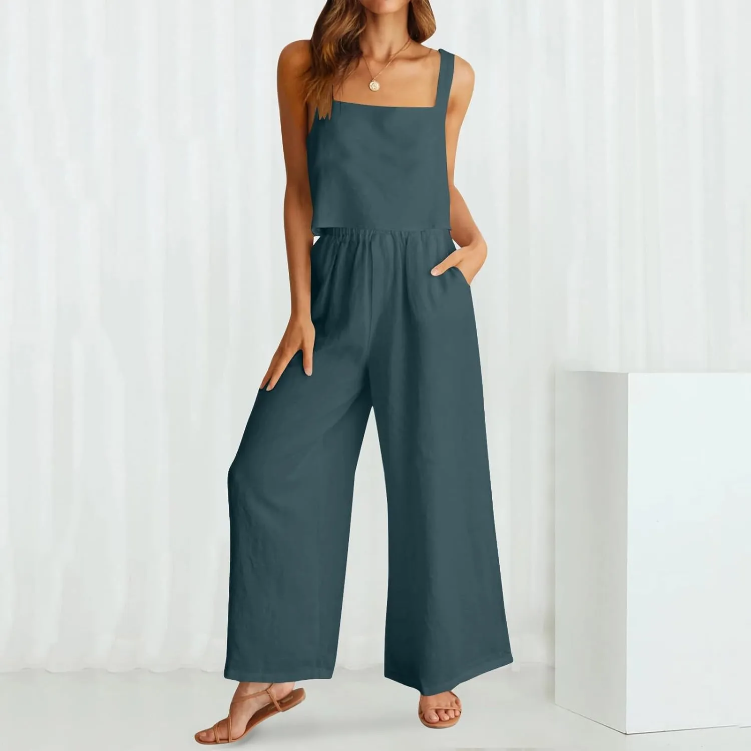 Womens Cotton Linen Lounge Sets Summer Cotton Linen Casual Matching Set Short Sleeve T Shirts and Pants with Pockets