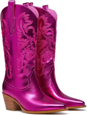 Women's Cowboy Boots Metallic Mid Calf Cowgirl Boots Wide Calf Western Embroidered Sparkly Paty Boots