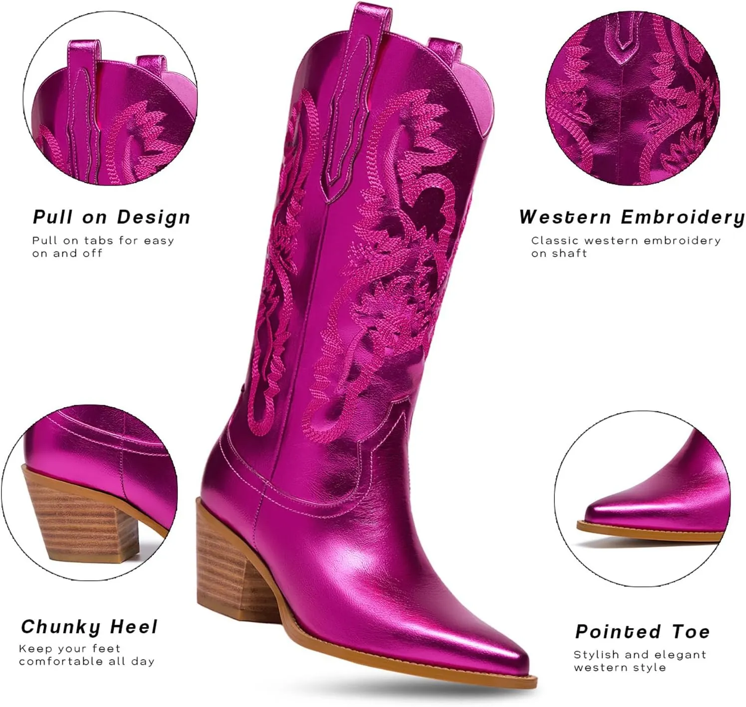 Women's Cowboy Boots Metallic Mid Calf Cowgirl Boots Wide Calf Western Embroidered Sparkly Paty Boots