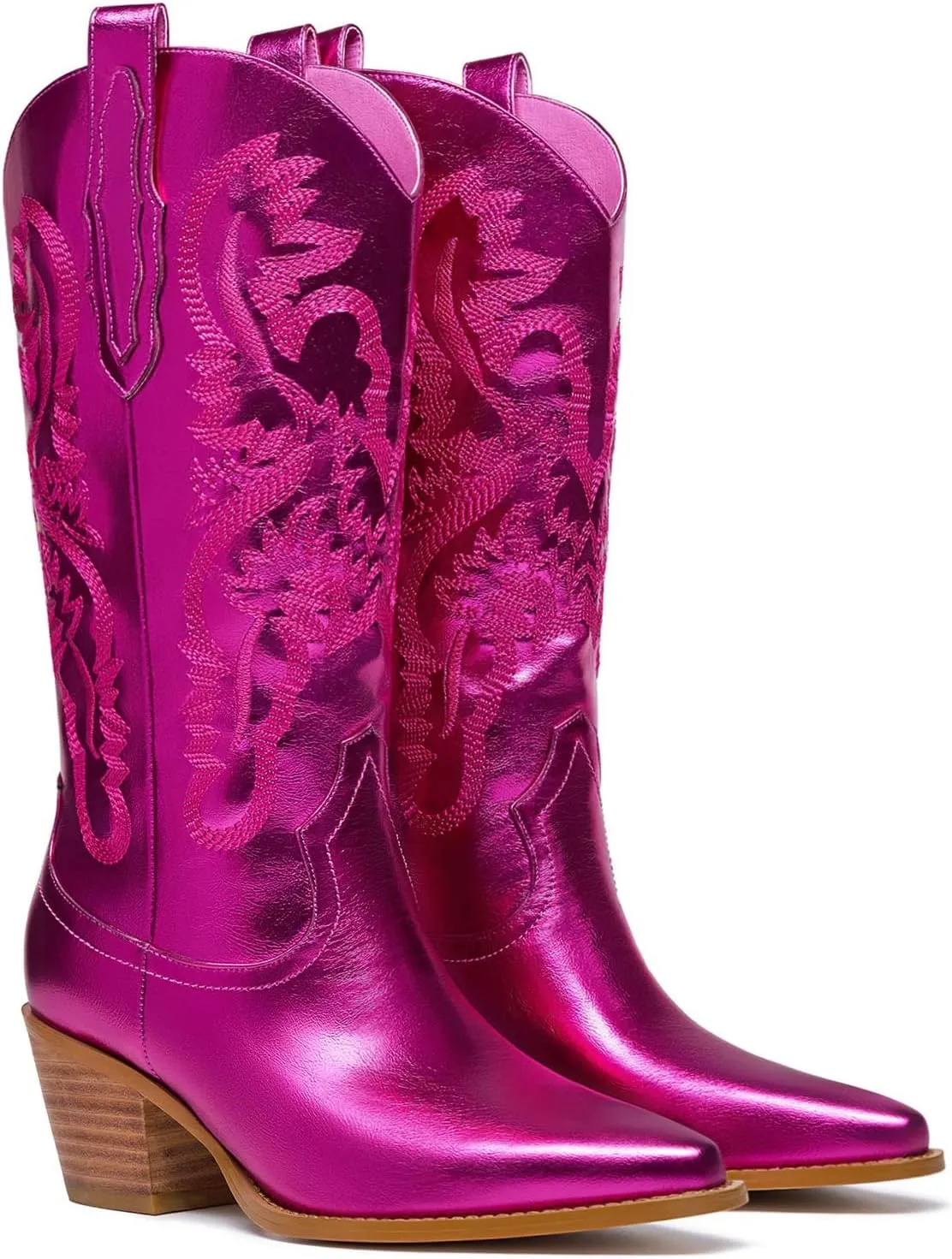 Women's Cowboy Boots Metallic Mid Calf Cowgirl Boots Wide Calf Western Embroidered Sparkly Paty Boots