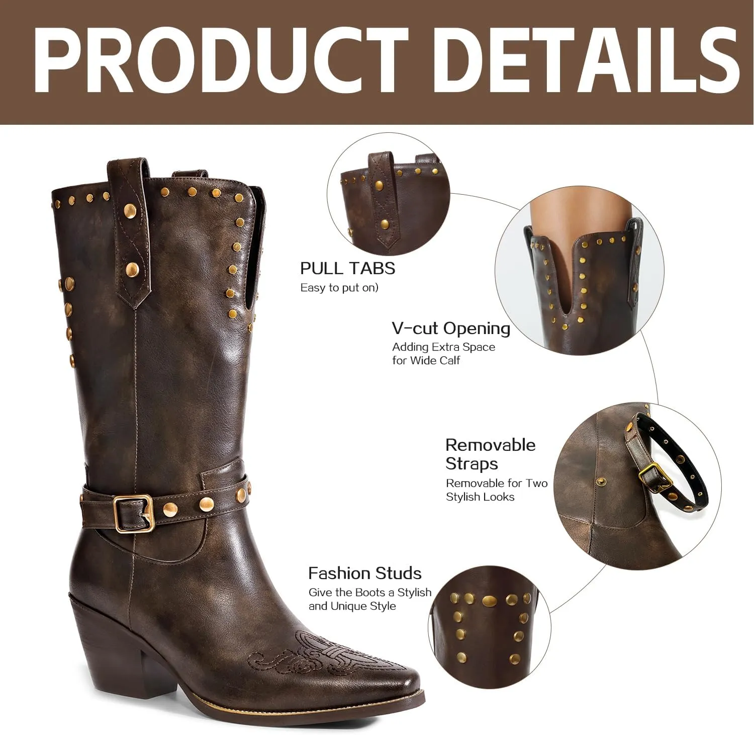 Womens Cowboy Cowgirl Boots Wide Mid Calf Square Toe Riding Boots Block Chunky Heel Low Heel Distressed Studded Boots