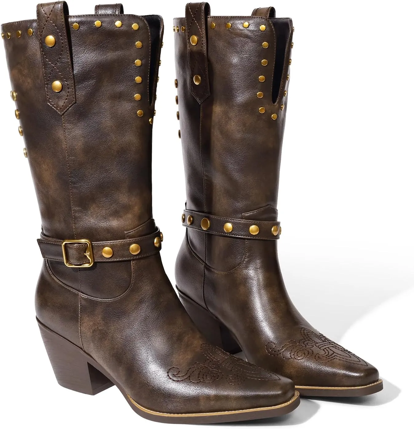 Womens Cowboy Cowgirl Boots Wide Mid Calf Square Toe Riding Boots Block Chunky Heel Low Heel Distressed Studded Boots