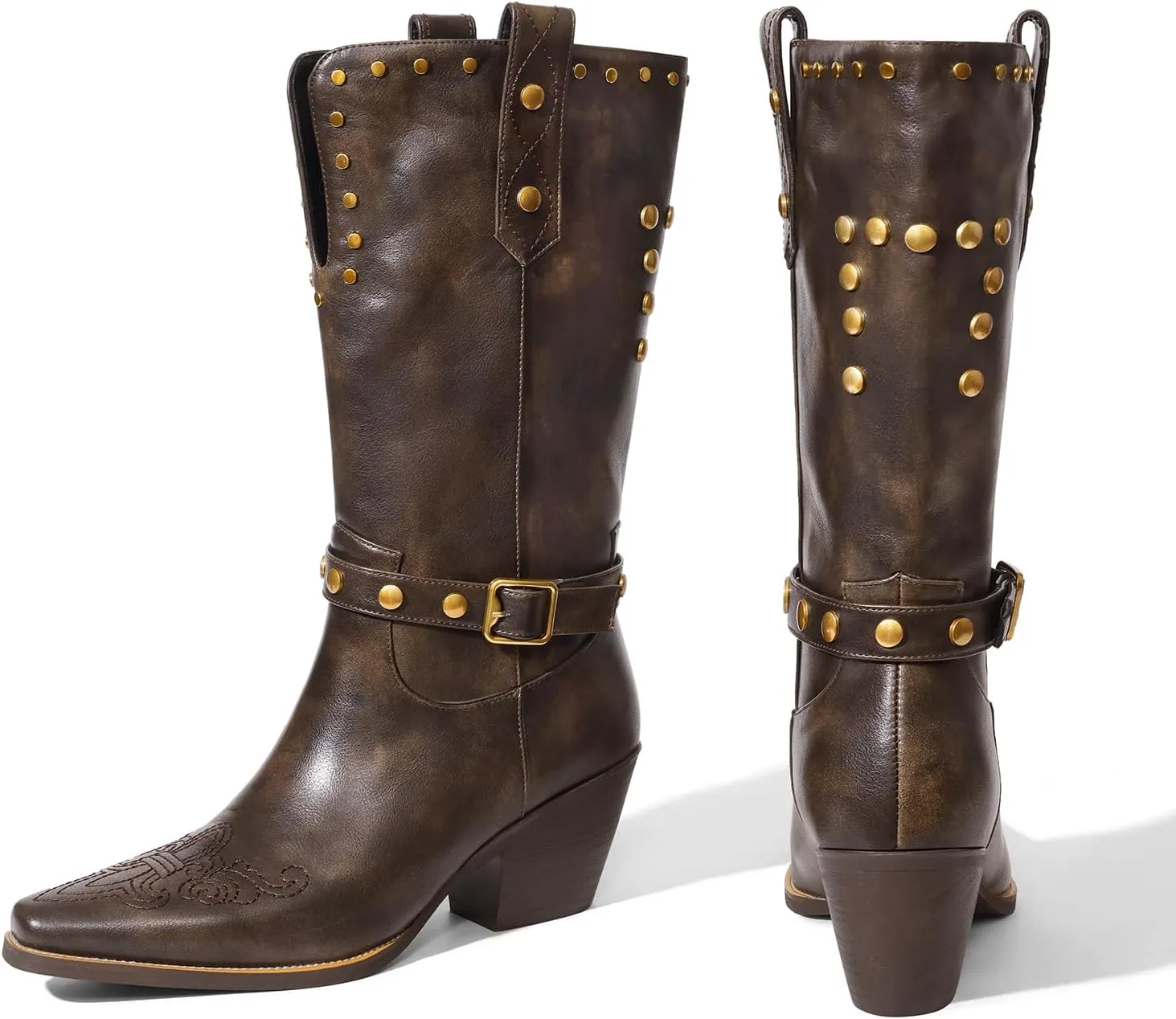 Womens Cowboy Cowgirl Boots Wide Mid Calf Square Toe Riding Boots Block Chunky Heel Low Heel Distressed Studded Boots