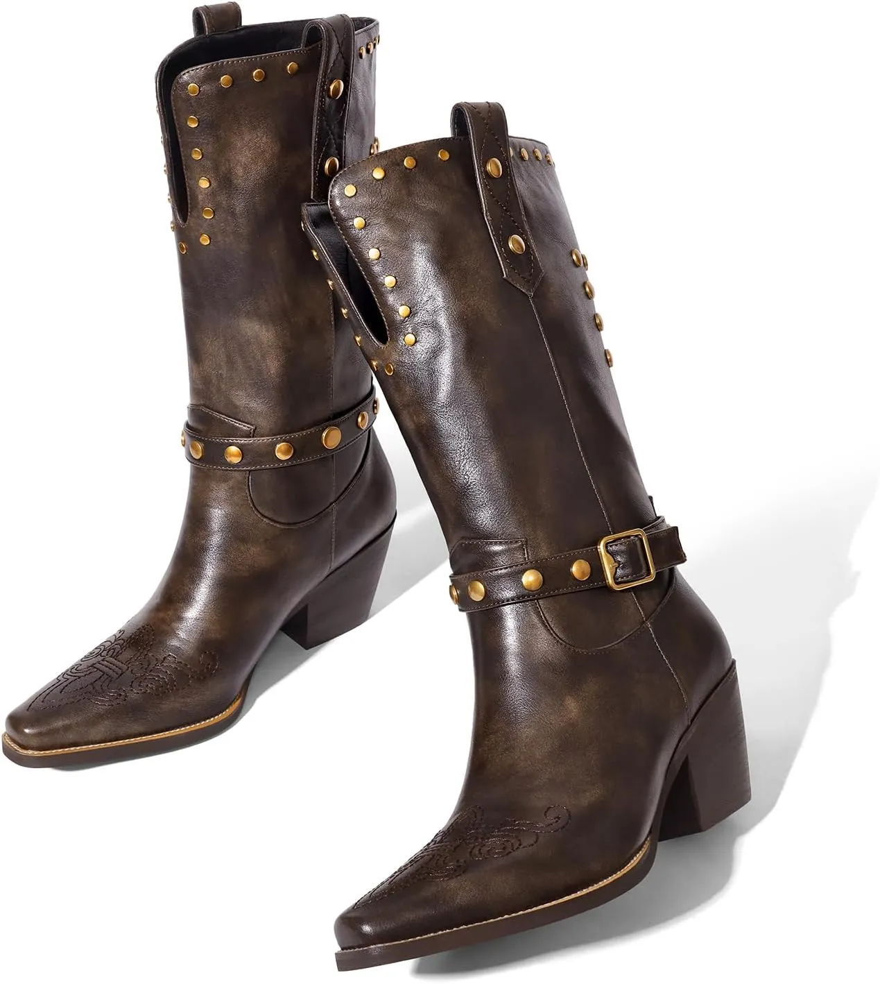 Womens Cowboy Cowgirl Boots Wide Mid Calf Square Toe Riding Boots Block Chunky Heel Low Heel Distressed Studded Boots
