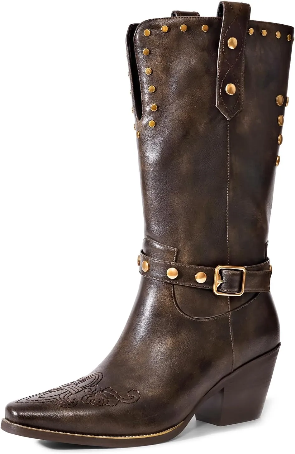 Womens Cowboy Cowgirl Boots Wide Mid Calf Square Toe Riding Boots Block Chunky Heel Low Heel Distressed Studded Boots