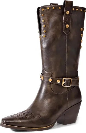 Womens Cowboy Cowgirl Boots Wide Mid Calf Square Toe Riding Boots Block Chunky Heel Low Heel Distressed Studded Boots