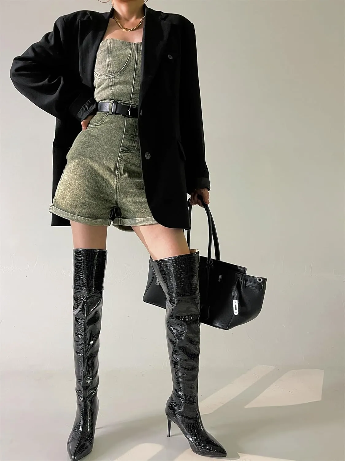 Women's Crocodile Over Knee High Booties High Stiletto Heeled Pointed Toe Back Zipper Formal Elegant Concise Business Bridal Wide Calf Church Boots Warm Winter Fall Comfy Shoes
