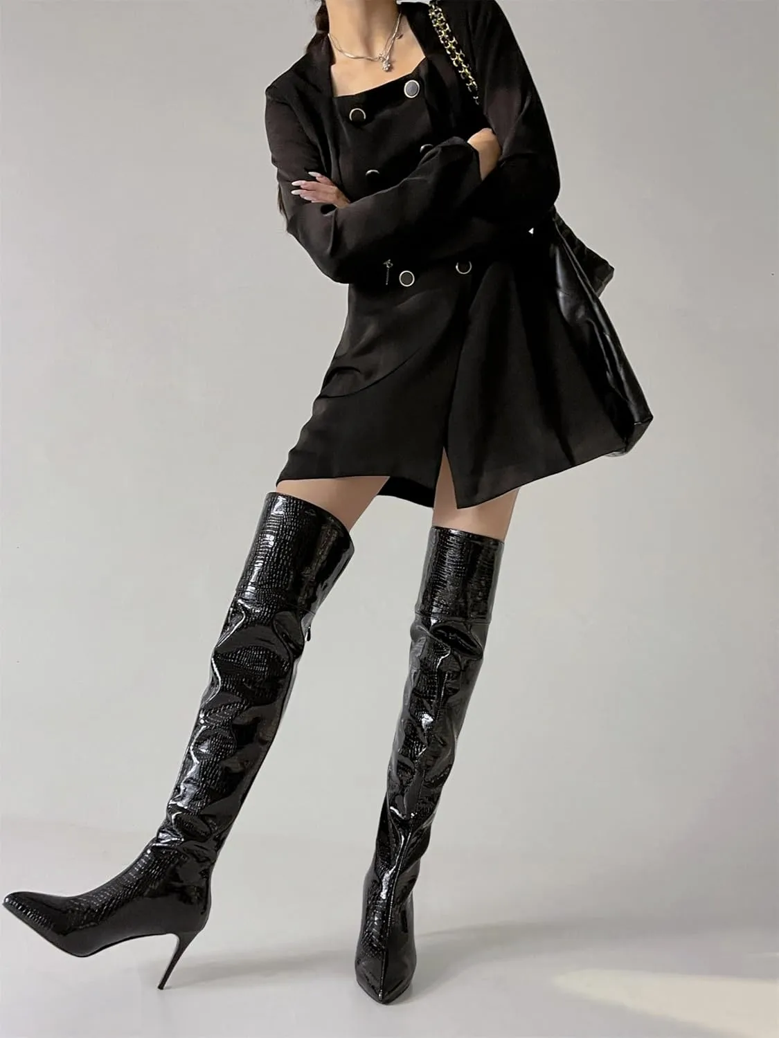 Women's Crocodile Over Knee High Booties High Stiletto Heeled Pointed Toe Back Zipper Formal Elegant Concise Business Bridal Wide Calf Church Boots Warm Winter Fall Comfy Shoes