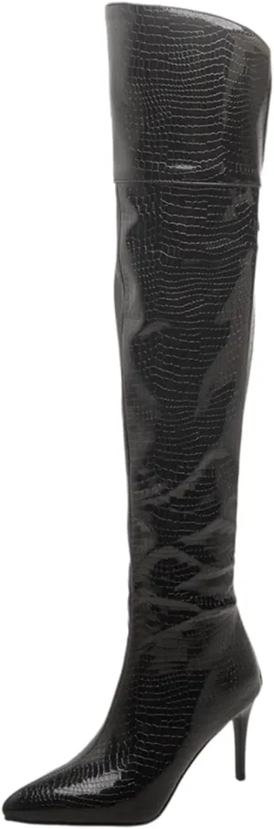 Women's Crocodile Over Knee High Booties High Stiletto Heeled Pointed Toe Back Zipper Formal Elegant Concise Business Bridal Wide Calf Church Boots Warm Winter Fall Comfy Shoes