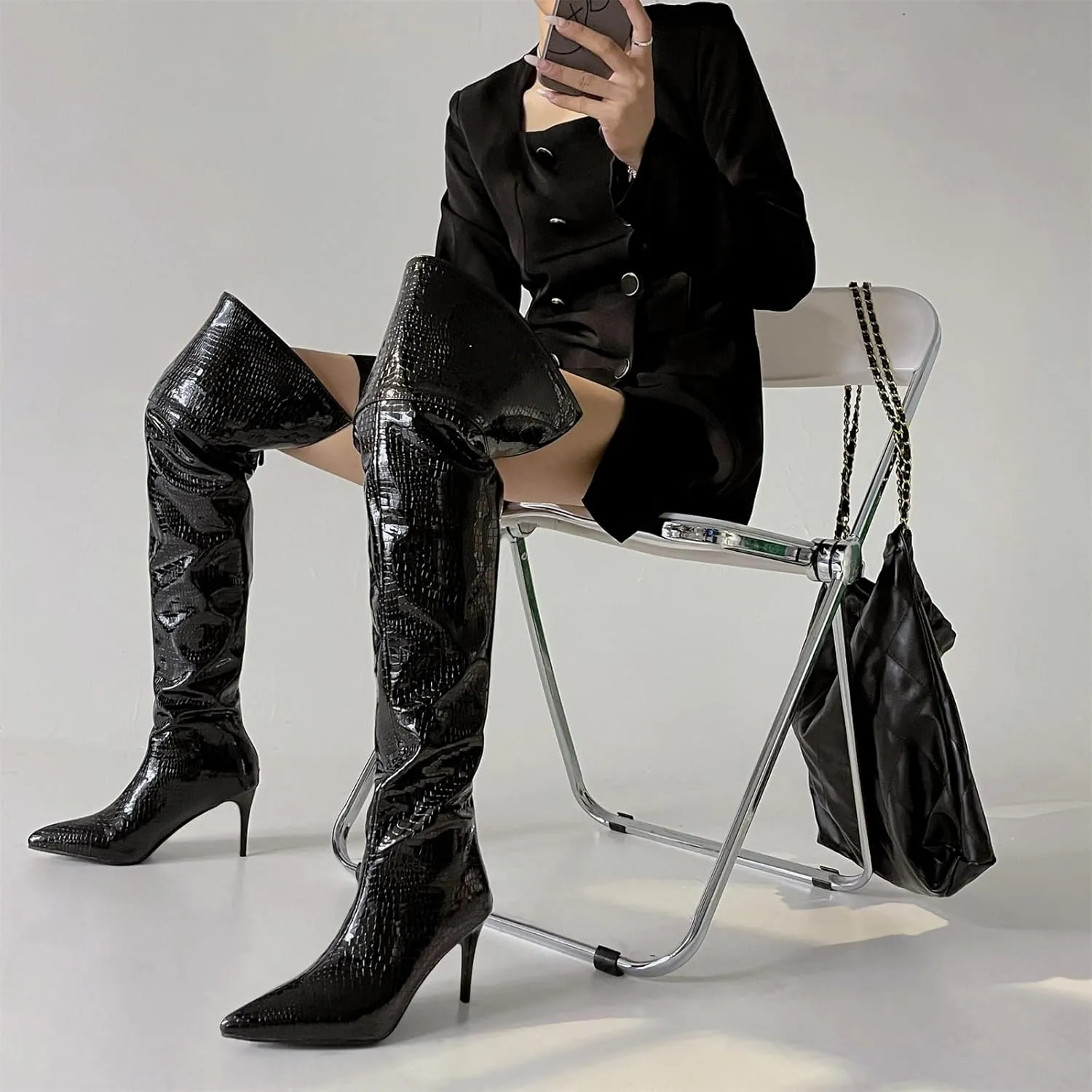 Women's Crocodile Over Knee High Booties High Stiletto Heeled Pointed Toe Back Zipper Formal Elegant Concise Business Bridal Wide Calf Church Boots Warm Winter Fall Comfy Shoes