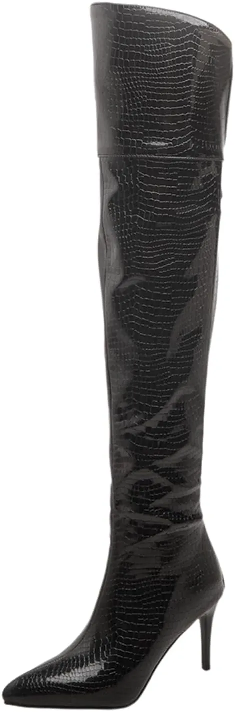 Women's Crocodile Over Knee High Booties High Stiletto Heeled Pointed Toe Back Zipper Formal Elegant Concise Business Bridal Wide Calf Church Boots Warm Winter Fall Comfy Shoes