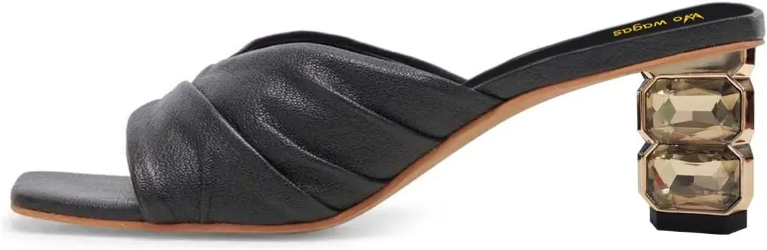 Women’s Cross Strap Mules Rhinestone Slippers Studded Chunky Mid Heels Open Square Toe Slip On Shoes Shopping Dating Size 4-16 US