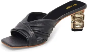 Women’s Cross Strap Mules Rhinestone Slippers Studded Chunky Mid Heels Open Square Toe Slip On Shoes Shopping Dating Size 4-16 US