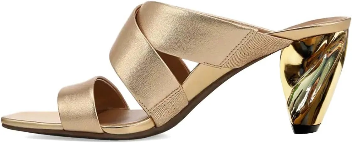 Women’s Cross Straps Mules Slip On Slippers Metal Chunky Mid Heels Open Square Toe Shoes Indoor Outdoor Size 4-16 US