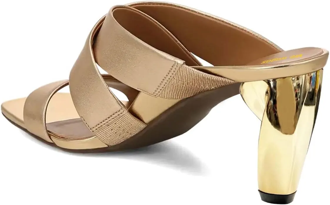 Women’s Cross Straps Mules Slip On Slippers Metal Chunky Mid Heels Open Square Toe Shoes Indoor Outdoor Size 4-16 US