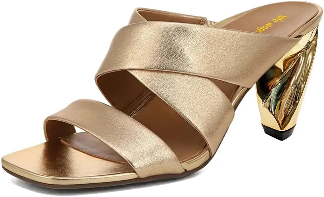 Women’s Cross Straps Mules Slip On Slippers Metal Chunky Mid Heels Open Square Toe Shoes Indoor Outdoor Size 4-16 US
