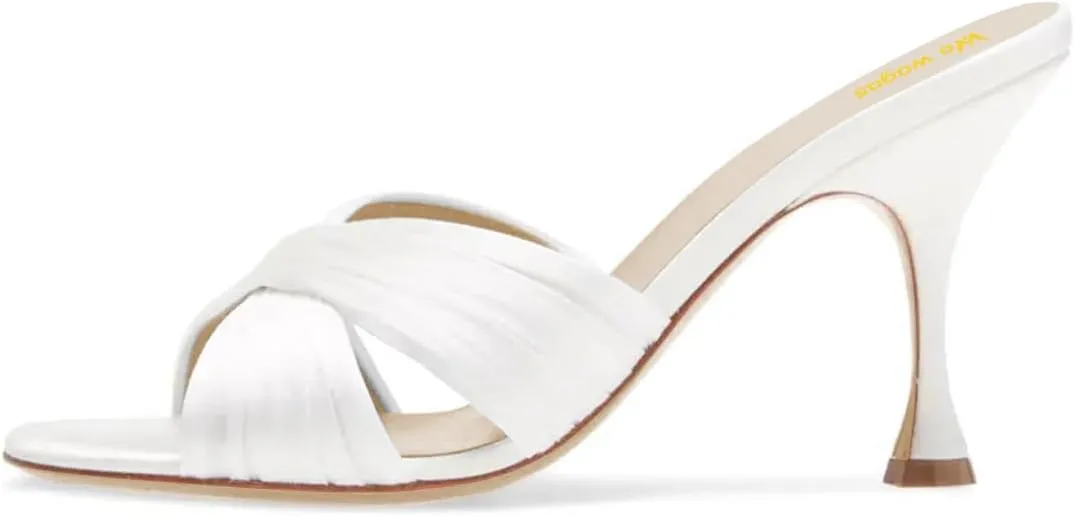 Women’s Cross Straps Mules Slip On Slippers Slim High Heels Open Round Toe Dress Shoes Indoor Outdoor Size 4-16 US