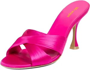 Women’s Cross Straps Mules Slip On Slippers Slim High Heels Open Round Toe Dress Shoes Indoor Outdoor Size 4-16 US