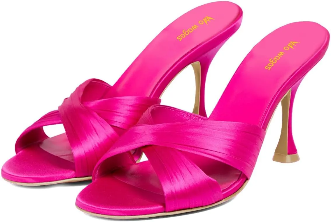 Women’s Cross Straps Mules Slip On Slippers Slim High Heels Open Round Toe Dress Shoes Indoor Outdoor Size 4-16 US
