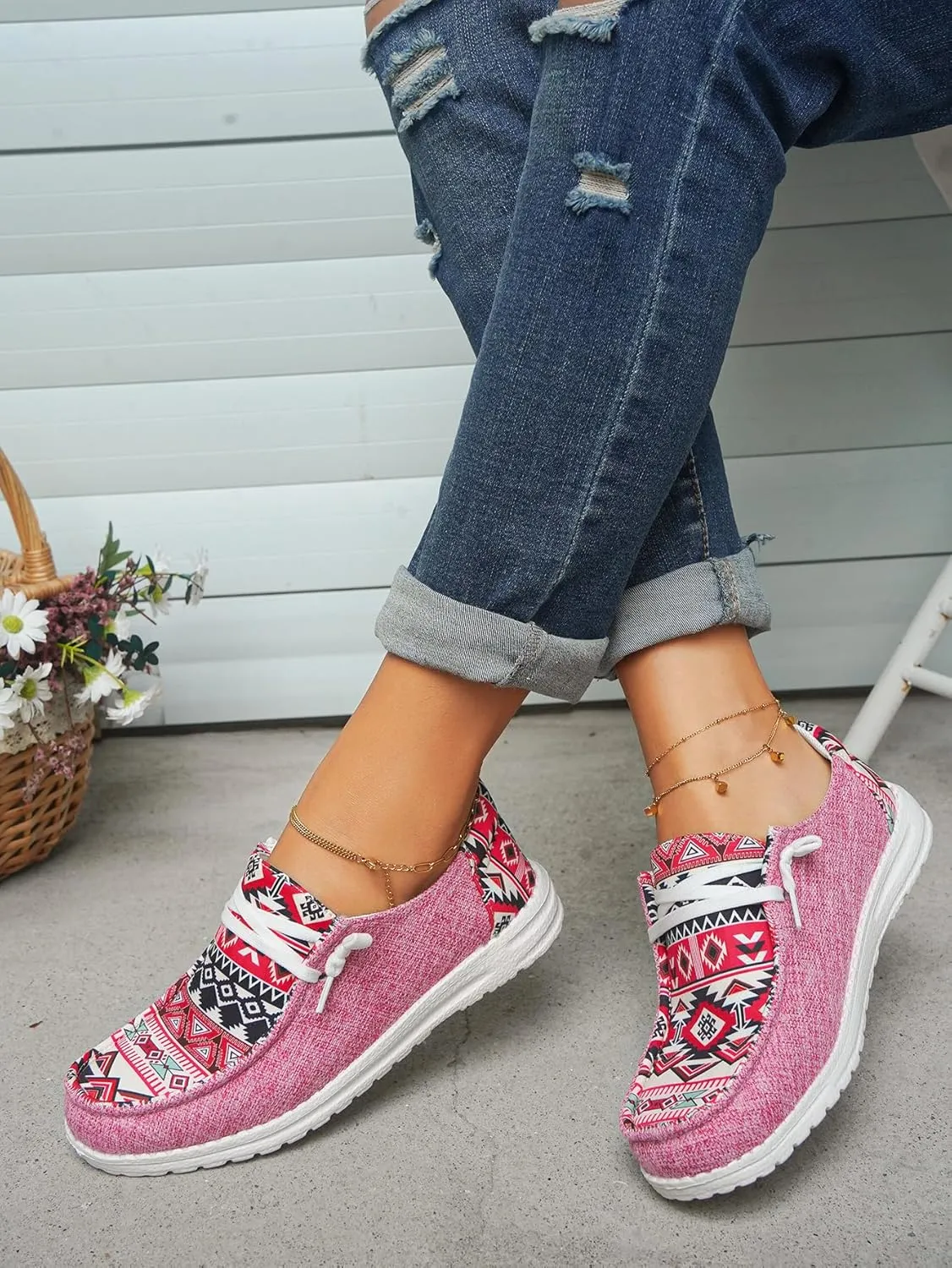 Women's Denim Loafers Aztec Ethnic Pattern Canvas Slip-on Sneakers Low Top Cushioned Insole Breathable Lightweight All-Day Comfort Shoes,Blue/Brown/Rose,US Size 6-11