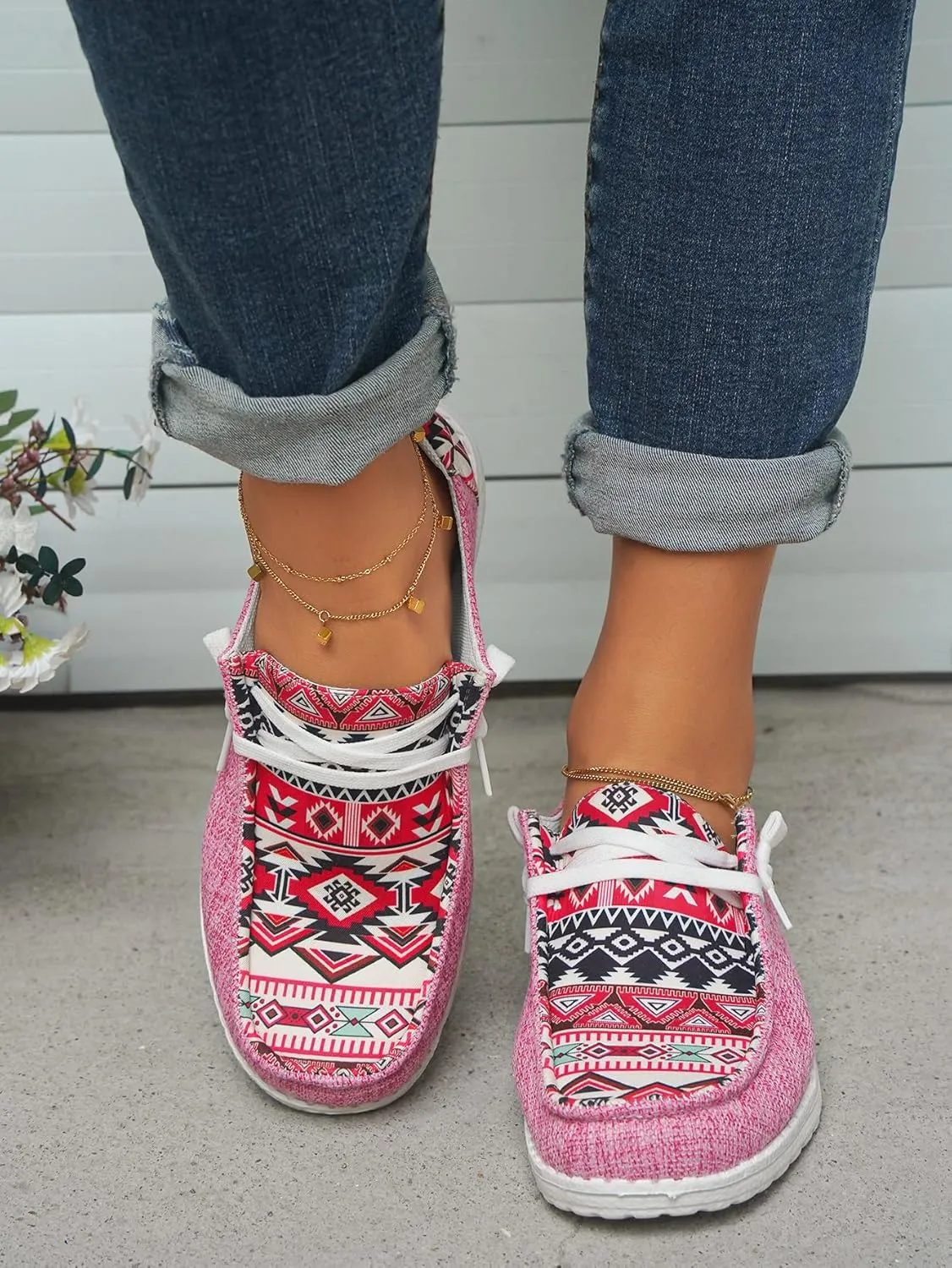 Women's Denim Loafers Aztec Ethnic Pattern Canvas Slip-on Sneakers Low Top Cushioned Insole Breathable Lightweight All-Day Comfort Shoes,Blue/Brown/Rose,US Size 6-11