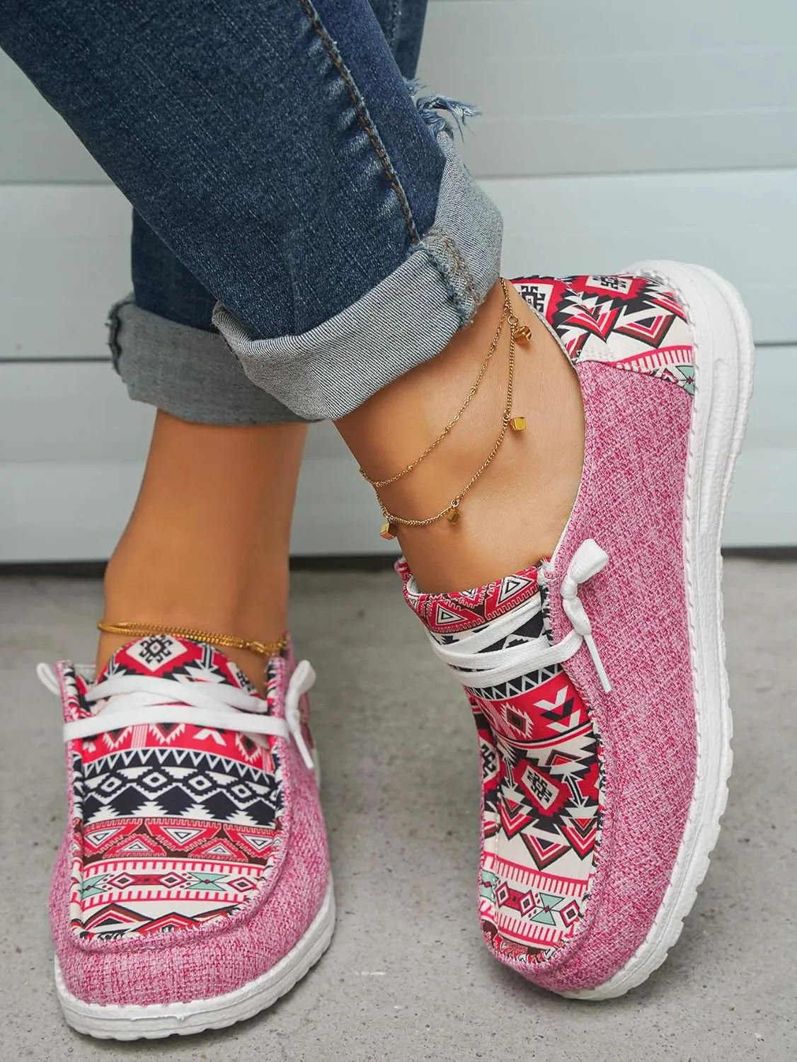 Women's Denim Loafers Aztec Ethnic Pattern Canvas Slip-on Sneakers Low Top Cushioned Insole Breathable Lightweight All-Day Comfort Shoes,Blue/Brown/Rose,US Size 6-11