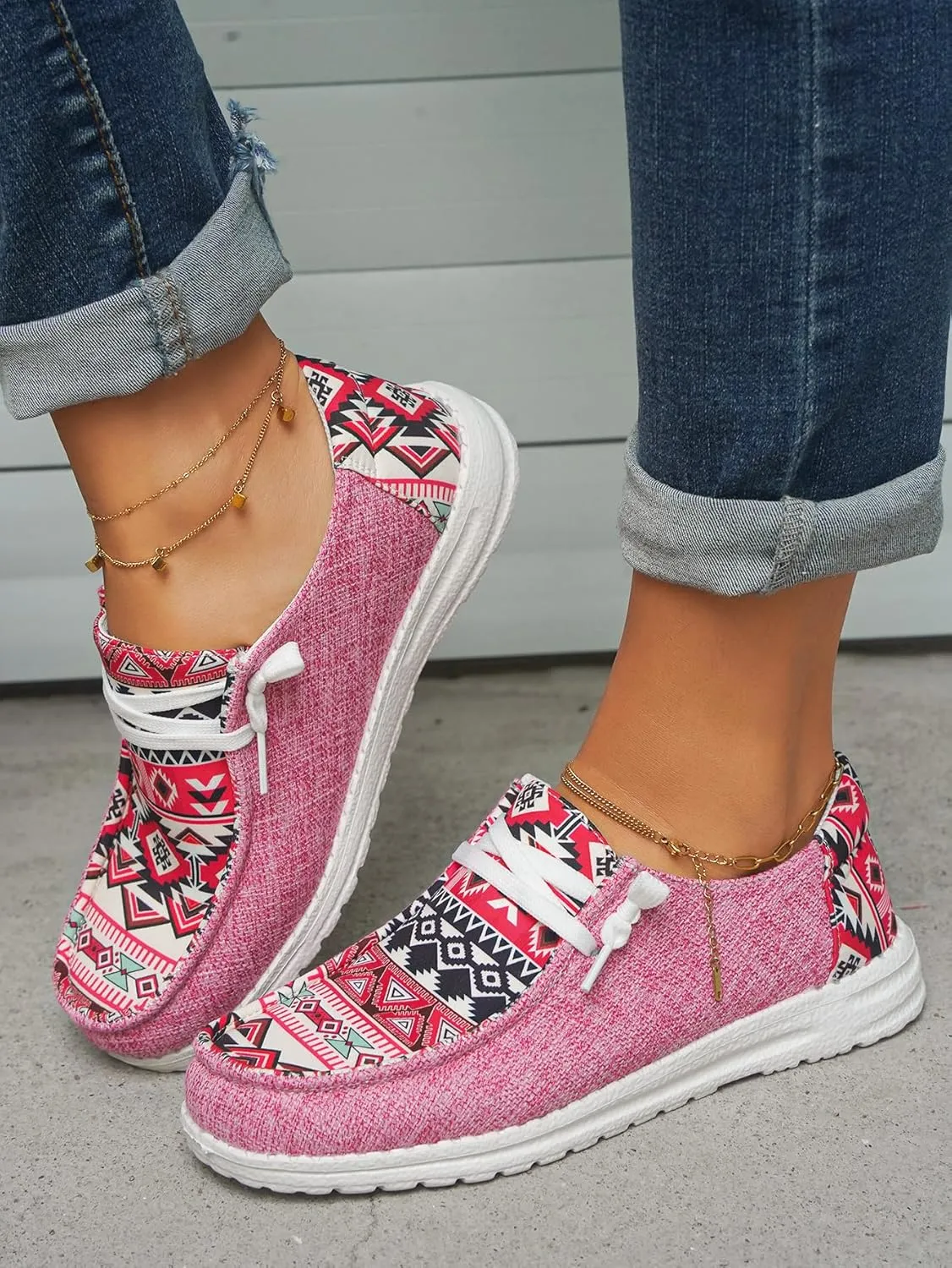 Women's Denim Loafers Aztec Ethnic Pattern Canvas Slip-on Sneakers Low Top Cushioned Insole Breathable Lightweight All-Day Comfort Shoes,Blue/Brown/Rose,US Size 6-11