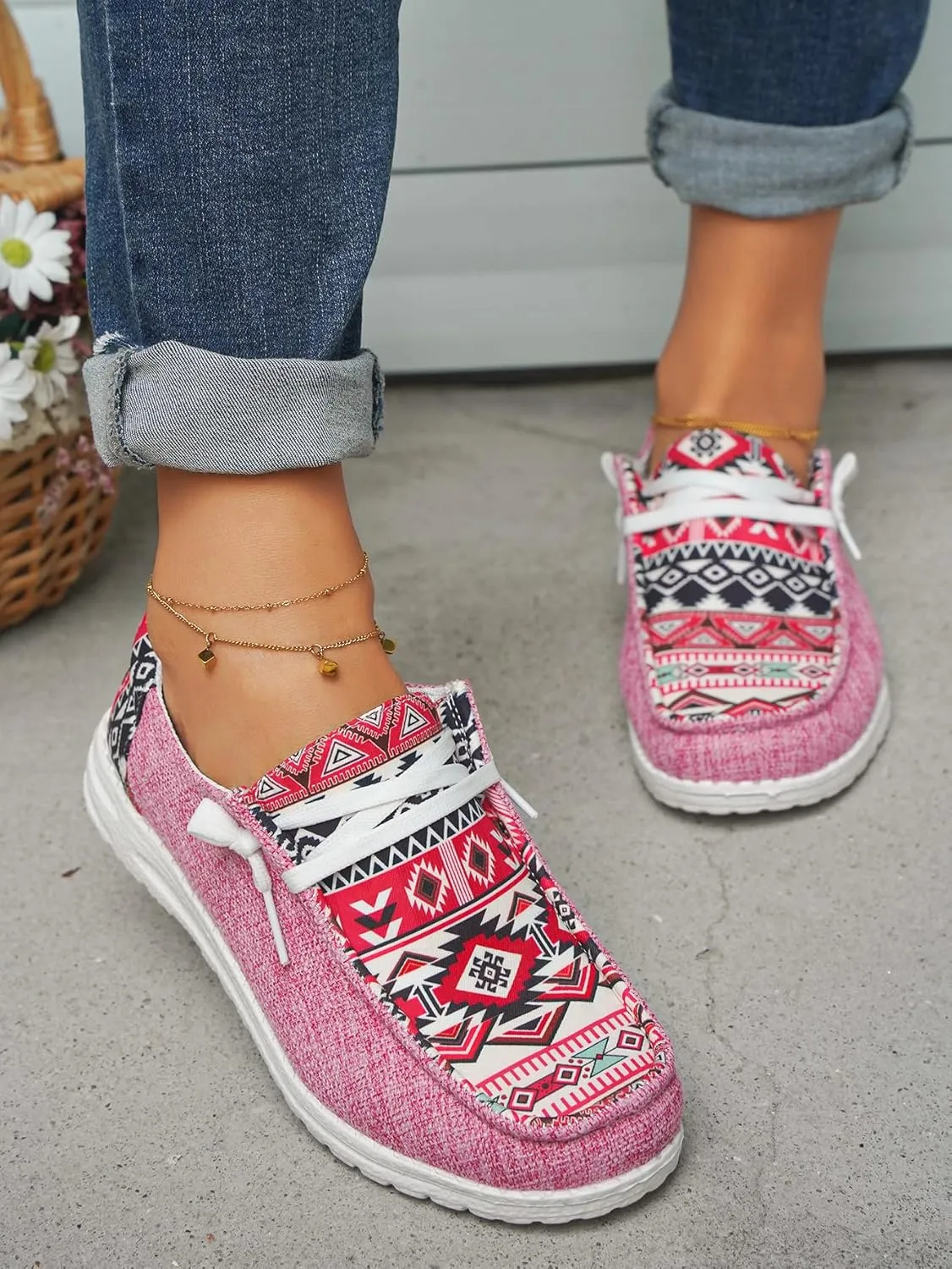 Women's Denim Loafers Aztec Ethnic Pattern Canvas Slip-on Sneakers Low Top Cushioned Insole Breathable Lightweight All-Day Comfort Shoes,Blue/Brown/Rose,US Size 6-11