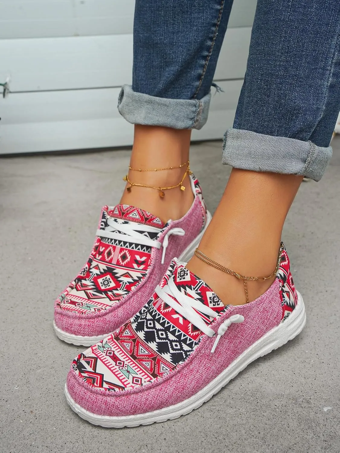 Women's Denim Loafers Aztec Ethnic Pattern Canvas Slip-on Sneakers Low Top Cushioned Insole Breathable Lightweight All-Day Comfort Shoes,Blue/Brown/Rose,US Size 6-11