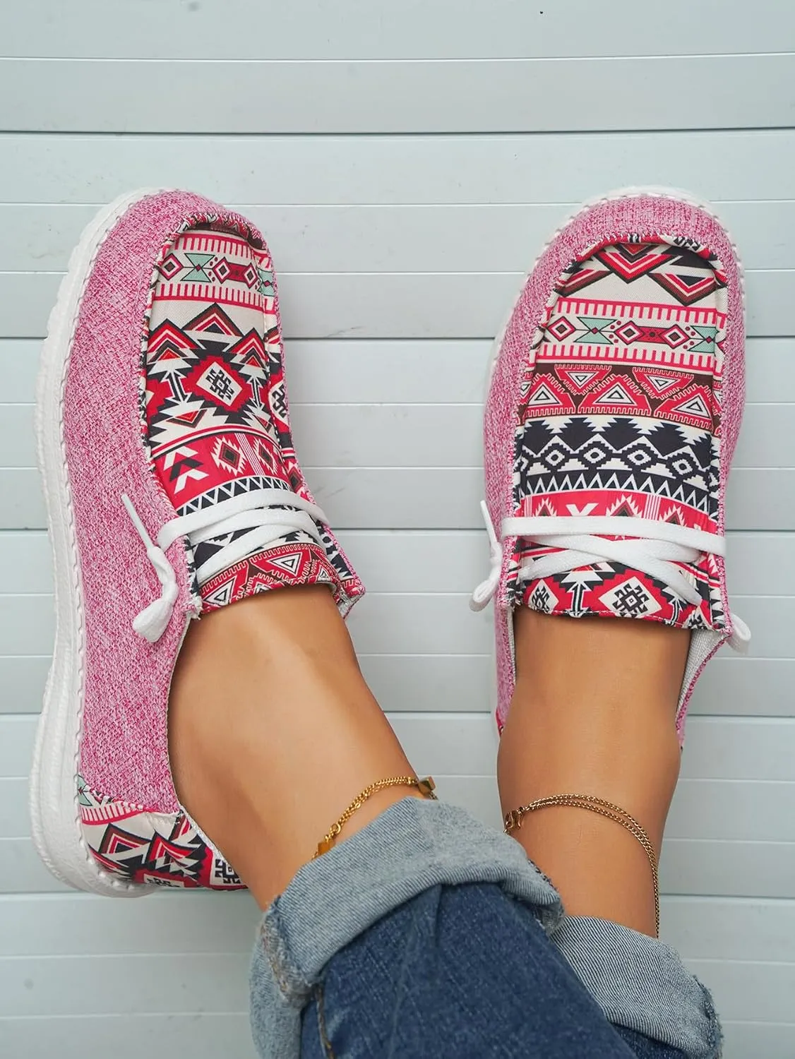 Women's Denim Loafers Aztec Ethnic Pattern Canvas Slip-on Sneakers Low Top Cushioned Insole Breathable Lightweight All-Day Comfort Shoes,Blue/Brown/Rose,US Size 6-11